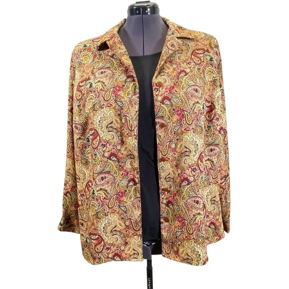 Vintage Notations Women plus size 3X Paisley Print Button Up Blouse black shell